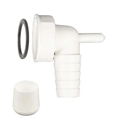 A white plastic elbow fitting with a ribbed hose barb and a separate gray rubber gasket and a white cap.