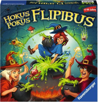 The image shows the box art for the board game Hokus Pokus Flipibus by Ravensburger. It features cartoonish illustrations of witches and magical elements.