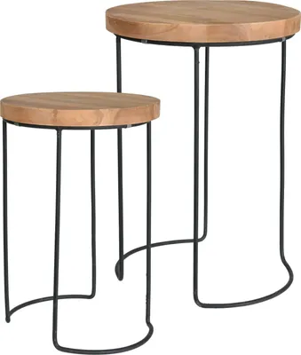 Produktbild von 2er Set Beistelltisch Couchtisch Nachttisch Blumenständer aus Teak und Metall