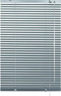Productafbeelding van Ibenzoa® Aluminium jaloezie, 100 x 130 cm, lamellen van 25 mm, aluminium, zilver-blauw – Montage met klemmen en schroeven, geschikt voor ramen van 10–17 mm, bediening aan de rechterkant, traploos verstelbaar