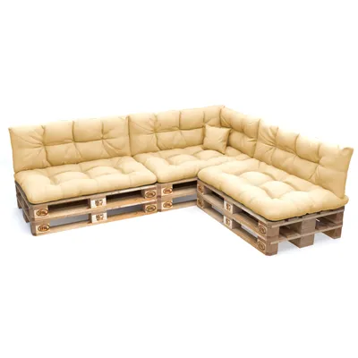 A sectional sofa made from wooden pallets with beige cushions, shown against a white background.