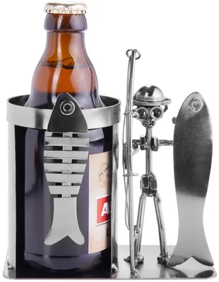 Productafbeelding van BRUBAKER Vissersfiguurtje met vis - Bierfles- en blikhouder - Handgemaakt ijzeren figuurtje, metalen mannetje, bierfleshouder