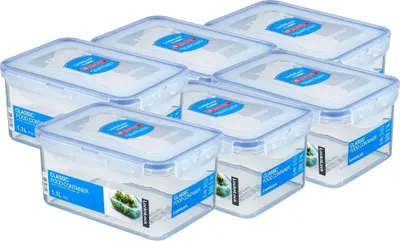 A set of clear plastic food storage containers with blue lids, arranged in a staggered formation on a white background.