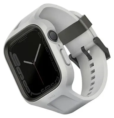Productafbeelding van UNIQ PASEK MONOS 2-IN-1 APPLE WATCH BAND + HOESJES, serie 4/5/6/7/8/9/SE/SE2 44/45MM. Grijs/lichtgrijs