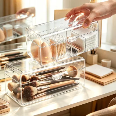 Imagen del producto de Organizadores transparentes para cosméticos, 2 unidades, 19x9x7 cm, apilables, ideales para maquillaje