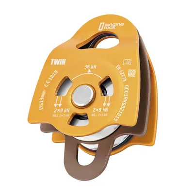 Umlenkrolle Twin Roll von singing rock; orange; mit zwei Rollen; maximale Belastung 36 kN.