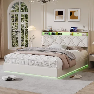Produktbild von Moonbite RGB LED Bettgestell 140x200cm Leinen, Hydraulisch mit USB-Steckdosen, Kopfteil mit Stauraum, Beige