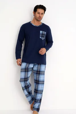 Produktbild von Herren Pyjama Set Schlafanzug 100% Baumwolle 2tlg Brusttasche Karo Hose L-3XL