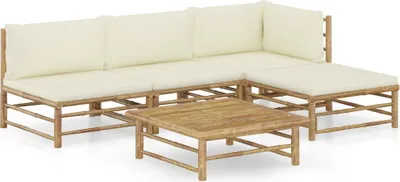 Produktbild von "2026 Promotion" 5-tlg. Garten-Lounge-Set - Sitzgruppe - mit Cremeweißen Kissen - Bambus - Gartenmöbelset CC3383