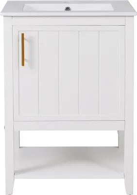 Produktbild von Waschbeckenunterschrank mit Keramikwaschbecken und Ablage Einzelwaschtisch Badmöbel 60cm Weiß