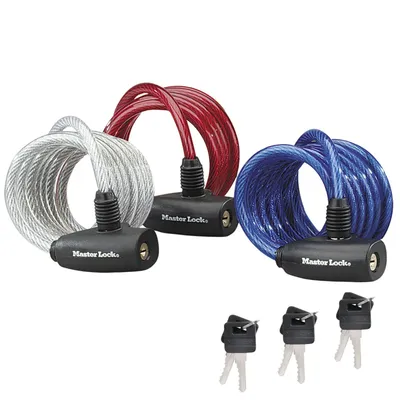 Produktbild von MASTER LOCK Fahrradschloss Kabelschloss [Schlüssel] [1,8 m Stahlkabel] [Wetterfest] [3er-Pack] 8127EURTRI - Ideal für Fahrräder, Elektrisches Fahrradectric, Skateboards, Kinderwagen, Mähmaschine und andere Sportgeräte