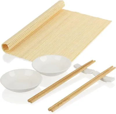 Produktbild von Sushi-Set mit 7 Teilen, Schalen, Essstäbchen und Rolle, hochwertig