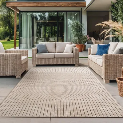 Produktbild von Teppich für drinnen und draußen, geeignet für Wohnzimmer, Schlafzimmer, Wintergarten, kurzflorig, beige, Hoch-Tief-Effekt, 120 x 170 cm