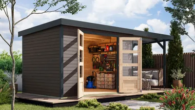 Produktbild von Karibu Gartenhaus Hybridhaus Metall Jupiter 4 im Set mit Anbaudach ca. 2,35 m breit terragrau 514,5x213,5x209 cm