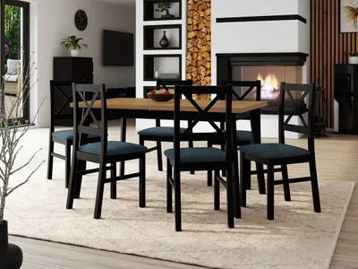 Obrázok produktu pre Rozkladací jedálenský stôl 140 cm so 6 stoličkami ADELBITE 3 - dub grandson / čierny / modrý