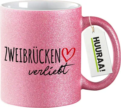 Produktbild von Huuraa Glitzertasse Zweibrücken verliebt 330ml Pink Keramik Kaffeebecher Geschenkidee