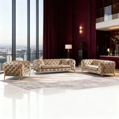 Produktbild von Sofa Monaco, zeitlose Eleganz mit edler Knopfheftung in m Samt Spar-Set, 3-Sitzer + 2-Sitzer + Sessel, Farbe: Goldfarben | Beige