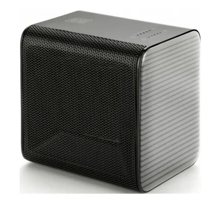 A black and gray ceramic heater is shown on a white background.