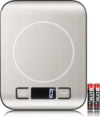 Produktbild von deleyCON Küchenwaage Digital, LCD-Display, Tara-Funktion (mit Batterien) bis 5KG, Digitalwaage, Briefwaage, auf 1g genau, Backen Kochen Messen von Zutaten Diät Fitness Schmuck, klein und flach, Silber