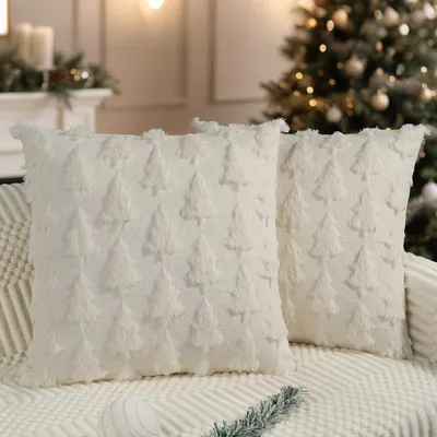 Produktbild von Weihnachtskissenbezüge 40x40 cm Set 2 Stück Creme Weiß Plüsch Kunstpelz Weihnachtsbaum