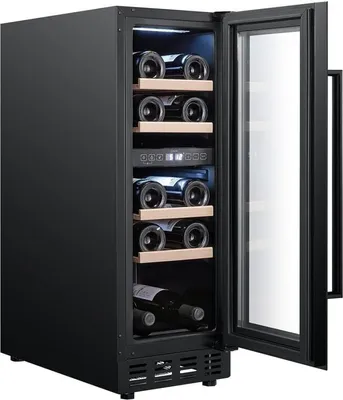 A wine cooler with bottles inside, the door is open.