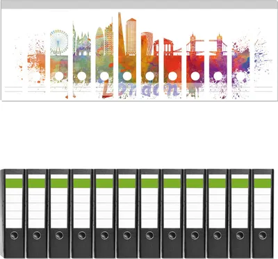 Produktbild von Wallario 12 Stück breite Ordner inkl. Klebeetiketten mit Motive Städte als Aquarell - Skyline von London -  Set mit Rückenschildern / Ordnerrücken Stickern