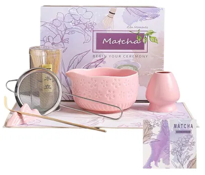 Immagine prodotto di Set da tè Matcha in Vetroceramica rosa, 7 pezzi, con frusta in bambù, ideale per la preparazione del tè matcha e del latte