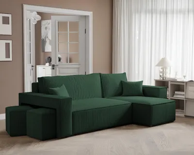 Image de Idohome – Canapé d'angle moderne PARIS avec poufs et fonction couchage, canapé en L polyvalent, canapé-lit - Couleur : vert bouteille Poso 14