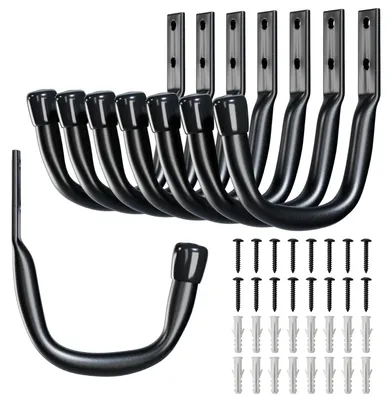 Image de Lot de 8 crochets muraux à visser, supports muraux, crochets muraux pour charges lourdes pour garage, crochets de garage en forme de J, crochets en J, supports pour outils, crochets pour échelles, crochets pour vélos et outils