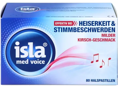Produktbild von isla med voice Pastillen effektiv bei Heiserkeit und Stimmbeschwerden mit mildem Kirsch-Geschmack, 80 St. Pastillen