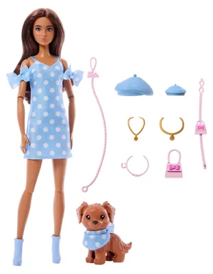 Produktbild von Barbie Twinning Looks Modepuppe mit Hündchen, zusammenpassende blaue Outfits und Accessoires, brünett, Modepuppe, Weiblich, 3 Jahr(e), Mädchen, 295 mm, 300 g