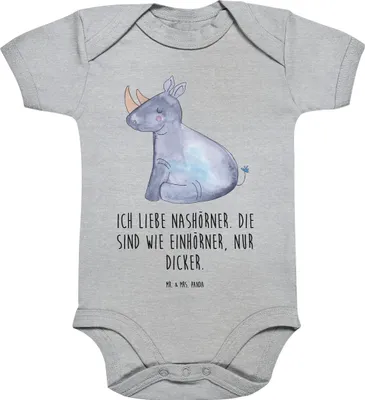 Produktbild von Mr. & Mrs. Panda Einteiler Einhorn Nashorn 1. - 3. Monat - Heather Grey - Geschenk, babykleidung body, Strampler Baby, Regenbogen, Unicorn, Babystrampler, Kurzarmbody