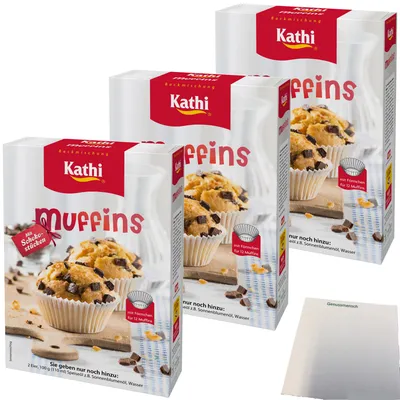 Produktbild von Kathi Backmischung für Muffins mit Schokoladenstückchen 3er Pack (3x360g Packung) + usy Block