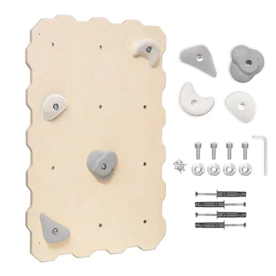 A wooden climbing wall with attached climbing holds, along with various hardware and additional climbing holds, laid out on a white background.