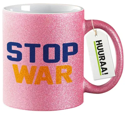 Produktbild von Huuraa Glitzertasse Stop War 330ml Pink Keramik Kaffeebecher Geschenkidee