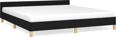 A black upholstered bed frame with a white mattress on a white background.