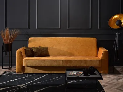 Zdjęcie produktu dla Sofa rozkładana EMILIANA - musztarda / buk