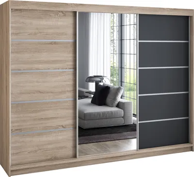 Produktbild von Schwebetürenschrank 200 cm, 3-türig, mit Spiegel & 4 Schubladen, Retro-Stil, modern, in Weiß/Schwarz/Sonoma – Kleiderschrank VILUNO 1