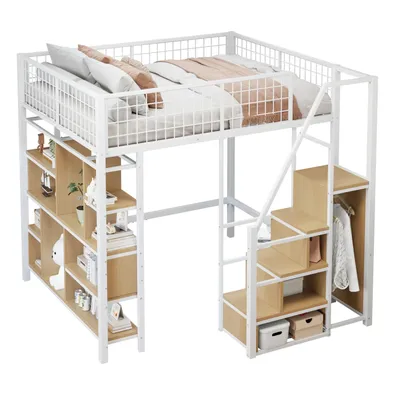 Produktbild von Multifunktionales Hochbett 140 x 200 cm, Metallbett mit Stauraum, Ablageflächen und Treppe, Erwachsenenbett und Kinderbett, Weiß