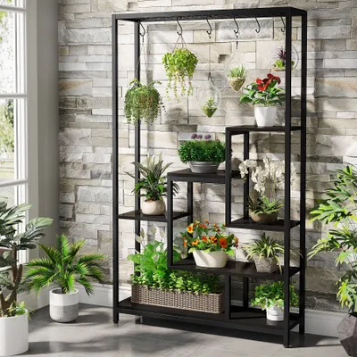 Image de Tribesigns Porte-fleurs, 5 niveaux d'étagères pour plantes avec 10 crochets en S, 180cm de haut Porte-plantes en métal Étagère à fleurs pour balcon intérieur Sol (Noir)