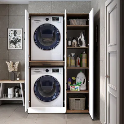 Image de Roomart Armoire pour lave-linge " DORA SET" pour sèche-linge & lave-linge, largeur 115 cm, en 4 couleurs, avec portes & tablette coulissante - Blanc - Chêne blanc - Chêne anthracite - Chêne