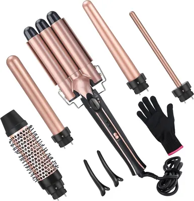 Produktbild von 5 in 1 Lockenstab Set mit 4 Fässer, Lockenstab Warmluftbürste Große Locken Lockenstäbe Einstellbare Temperatur Lockenwickler mit Welleneisen Keramikbeschichtung Curling Wand Set