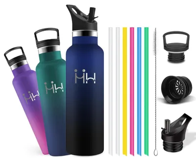 Produktbild von Trinkflasche Edelstahl, Wasserflasche 500ml,Thermos mit 6 Strohhalme