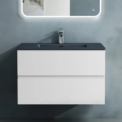 Produktbild von doporro Badmöbel-Set Waschbecken-Unterschrank Badezimmer Waschtisch mit Unterschrank BTH: 80x48x50 cm in Matt weiß inkl. matt Anthrazit Mineralguss-Waschbecken Aqualis