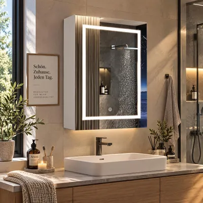 Productafbeelding van Spiegelschaaf voor de badkamer met LED-verlichting, 50x70 cm, badkamerspiegelkast met touchbediening, 3 kleuren licht, verstelbare glazen planken, wit