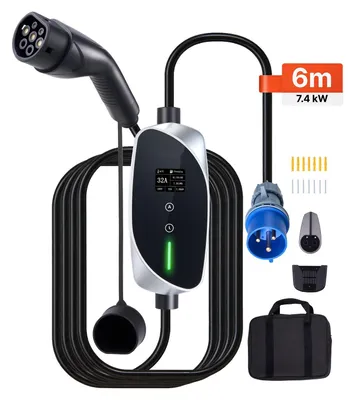 Obrázek produktu pro Mobilní nabíječka Wallbox – nabíjecí stanice typu 2 – jednofázová 7,4 kW, 32 A – 6 m nabíjecí kabel – zástrčka CEE – LCD displej – IP66