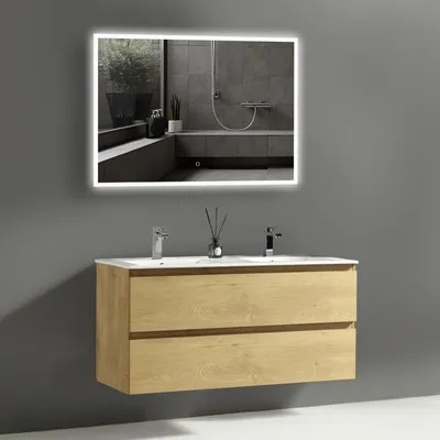 Produktbild von Alpenberger Waschtisch mit Unterschrank | Doppelwaschbecken | Waschbeckenunterschrank mit Waschbecken | Badezimmer Spiegel mit Led