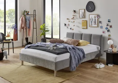 Produktbild von Meise Möbel Polsterbett Joker 120x200 cm | Bettgestell | Kopfteil mit tiefem Einzug | Strukturstoff Grau | Holzfuß eichefarbig