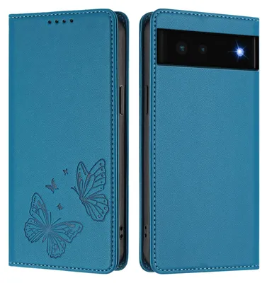 Produktbild von Lederhülle für Google Pixel 6, Schmetterling Prägung Leder Brieftasche Schutzhülle mit Ständer Blau
