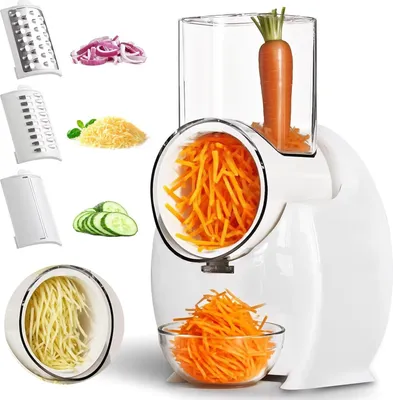 Produktbild von Elektrische Käsereibe - Multifunktionale Gemüsereibe mit 3 unterschiedlich geformten Klingen zum Würfeln von Käse, Obst, Gemüse, Nüssen